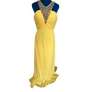 Beaded Sequined Pleated Yellow Gown w/ Bra Chiffon Formal